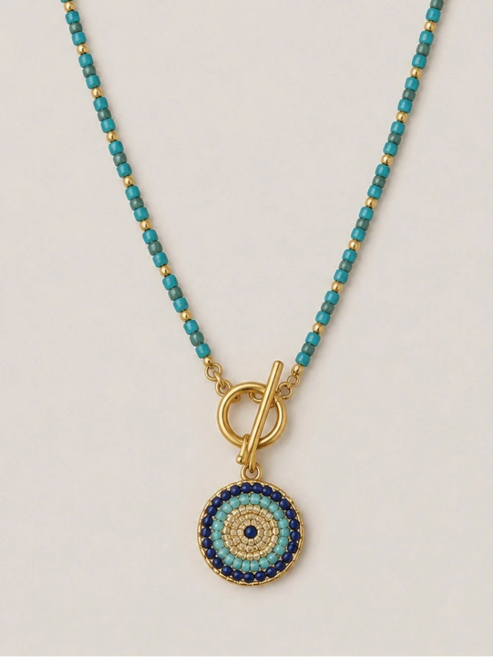 New! Preppy Boho Beaded Rhinestone Evil Eye Toggle Necklace NWOT